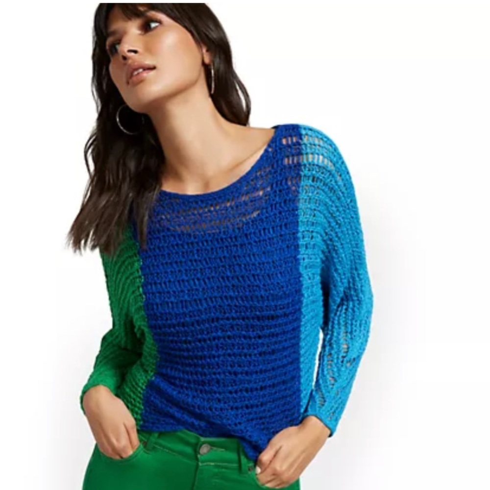 Color block green & blue medium sweater